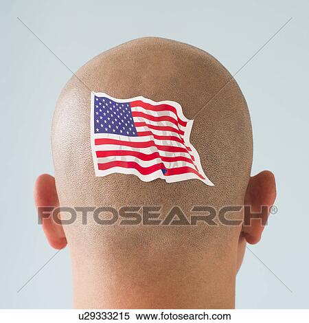 Back view of man with American flag tattoo on head View Large Photo Image Stock Photography - Back view of man with American flag tattoo on head. Fotosearch