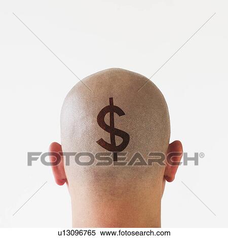 Stock Photography - Back view of man with dollar sign on shaved head. Fotosearch