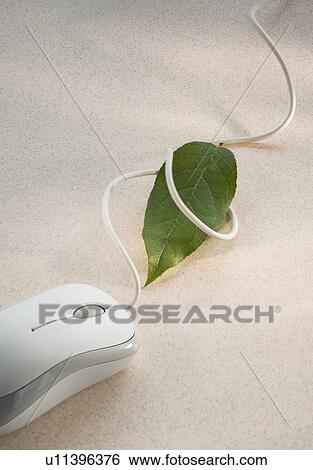 Stock Photograph - Computer mouse with green leaf. Fotosearch