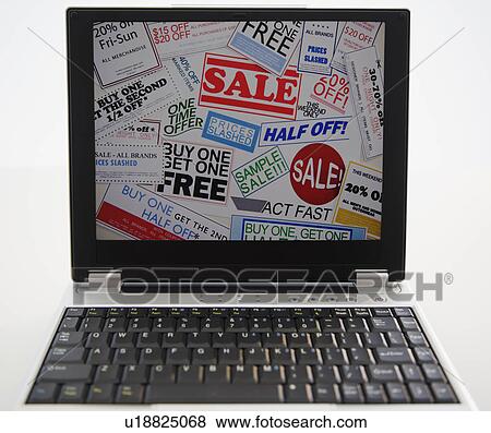 Discount offers displaying on laptop screen View Large Photo Image Stock Photo - Discount offers displaying on laptop screen. Fotosearch
