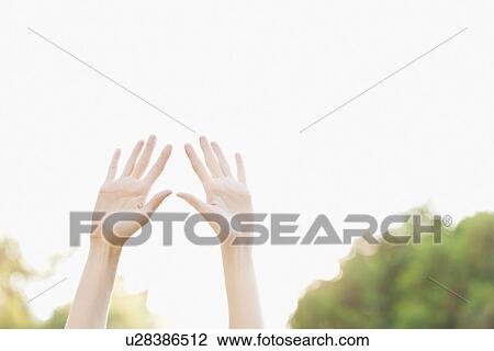 Stock Image - Female hands raised up. Fotosearch