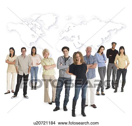 Multi-racial mixed race group of people posing together, world map in background View Large Photo Image Picture - Multi-racial mixed race group of people posing together, world map in background. Fotosearch