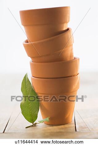Stack of flower pots and green leaf View Large Photo Image Picture - Stack of flower pots and green leaf. Fotosearch