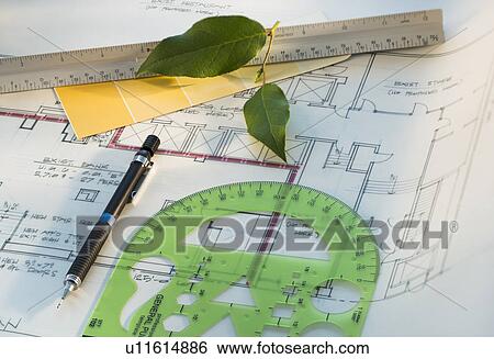Studio shot of blueprint, rulers and green leaf View Large Photo Image Stock Photograph - Studio shot of blueprint, rulers and green leaf. Fotosearch