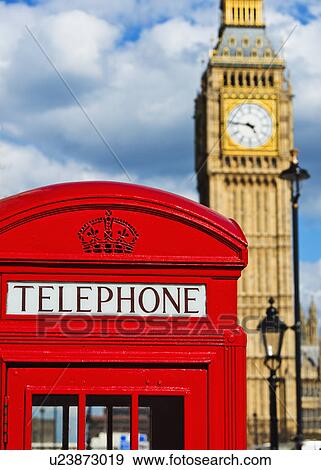 Stock Photo - UK, London, Phone booth with Big Ben behind. Fotosearch