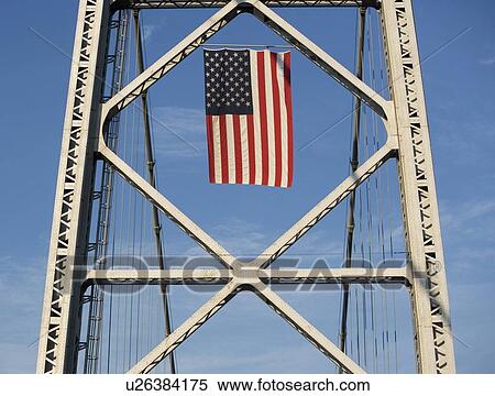 USA, New York City, American flag flowing on bridge span View Large Photo Image Stock Photography - USA, New York City, American flag flowing on bridge span. Fotosearch