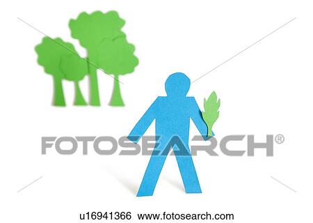Stock Photograph - A blue stick figure holding a leaf representing concept of nature perseverance over white background. Fotosearch