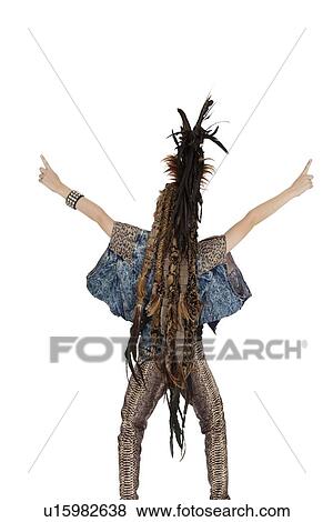 Stock Photo - Back view of child with hands raised over white background. Fotosearch