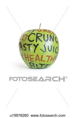 Stock Image - Close-up of a granny smith apple with orthographic text over white background. Fotosearch