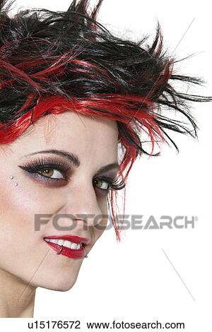 Close-up of beautiful punk woman smiling over white background View Large Photo Image Stock Image - Close-up of beautiful punk woman smiling over white background. Fotosearch