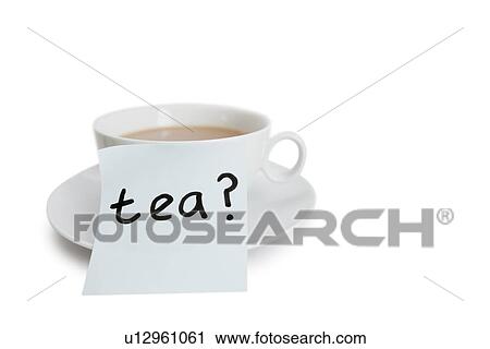 Stock Image - Close-up of sticky notepaper with teacup over white background. Fotosearch