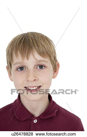 Close-up portrait of happy blond boy over white background View Large Photo Image Stock Photo - Close-up portrait of happy blond boy over white background. Fotosearch