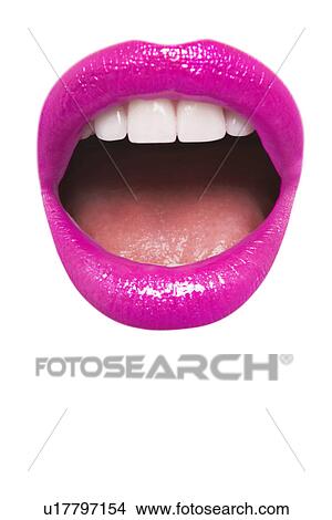 Close-up view of female wearing pink lipstick with mouth open over white background View Large Photo Image Picture - Close-up view of female wearing pink lipstick with mouth open over white background. Fotosearch