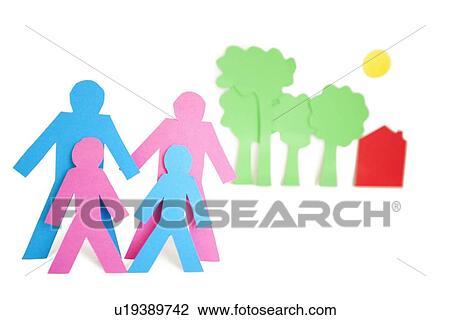 Stock Image - Conceptual image of paper cut out shapes representing a family with trees and house over white background. Fotosearch