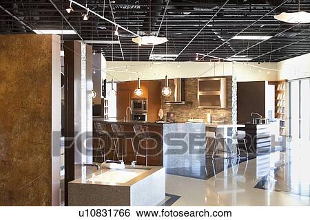 Empty modern kitchen model in store View Large Photo Image Stock Photograph - Empty modern kitchen model in store. Fotosearch