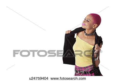 Picture - Happy young African American woman posing over white background. Fotosearch