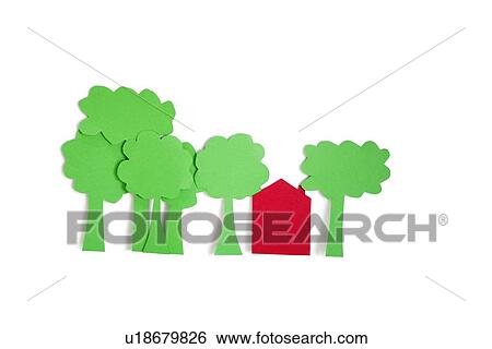 Stock Photograph - Paper cut outs of trees with a residential house over white background. Fotosearch