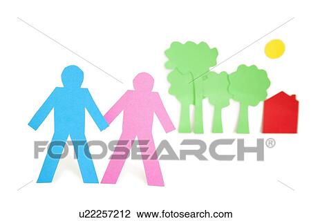 Stock Image - Paper cut outs representing a couple with trees and house over white background. Fotosearch