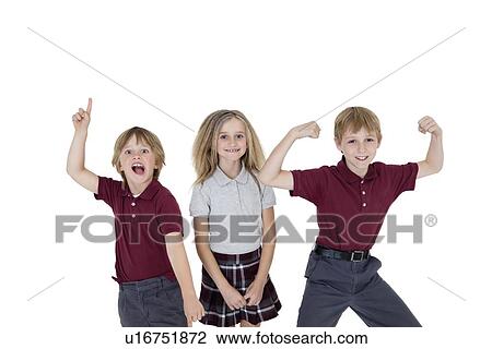 Stock Image - Portrait of cheerful school children over white background. Fotosearch