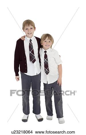 Picture - Portrait of friends with arms around over white background. Fotosearch
