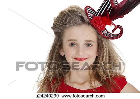 Stock Photo - Portrait of girl wearing red lipstick and hat over white background. Fotosearch