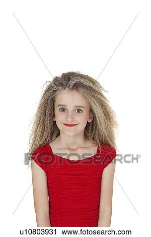 Portrait of happy girl in red outfit over white background View Large Photo Image Stock Image - Portrait of happy girl in red outfit over white background. Fotosearch