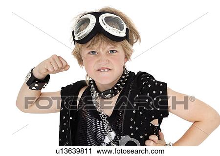 Stock Image - Portrait of punk kid showing fist over white background. Fotosearch