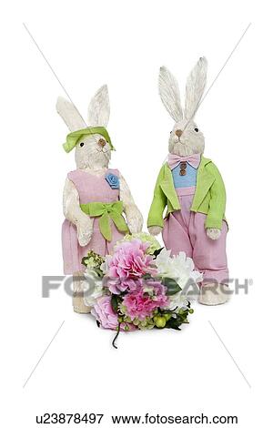 Portrait of stuffed Rabbit couple standing together with flower bouquet over white background View Large Photo Image Stock Photo - Portrait of stuffed Rabbit couple standing together with flower bouquet over white background. Fotosearch