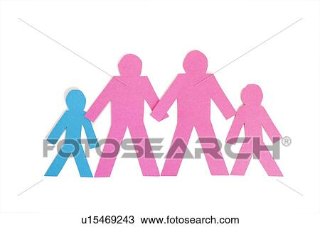 Stock Image - Row of paper stick figures holding hands over white background. Fotosearch