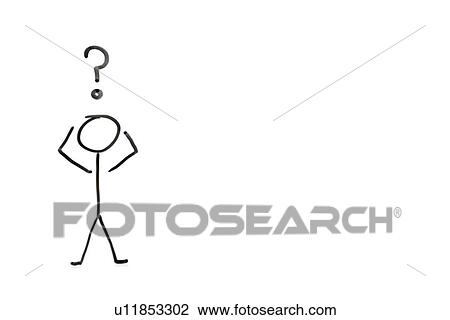 Stock Image - Stick figure with question mark depicting confusion over white background. Fotosearch