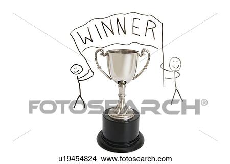 Picture - Trophy over stick figure drawing on whiteboard. Fotosearch