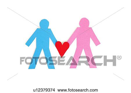 Two stick figures holding a red paper heart over white background View Large Photo Image Picture - Two stick figures holding a red paper heart over white background. Fotosearch