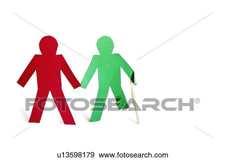 Stock Photo - Two stick figures holding hands one with an injury over white background. Fotosearch
