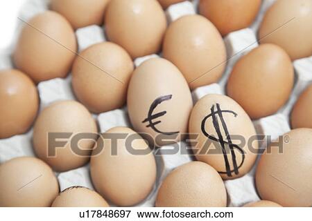 Dollar and euro sign on eggs surrounded by plain brown eggs in carton View Large Photo Image Stock Photo - Dollar and euro sign on eggs surrounded by plain brown eggs in carton. Fotosearch