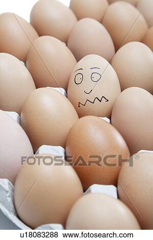 Funny face drawn on an egg surrounded by plain brown eggs in carton View Large Photo Image Stock Photo - Funny face drawn on an egg surrounded by plain brown eggs in carton. Fotosearch
