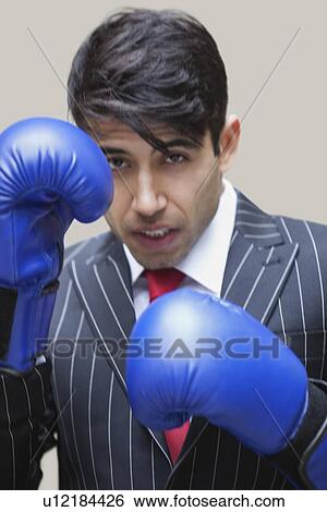 Portrait of an Indian businessman wearing blue boxing gloves against gray background View Large Photo Image Stock Photograph - Portrait of an Indian businessman wearing blue boxing gloves against gray background. Fotosearch
