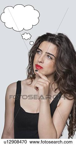 Thoughtful young woman with thought bubble looking away with hand on chin over gray background View Large Photo Image Stock Image - Thoughtful young woman with thought bubble looking away with hand on chin over gray background. Fotosearch