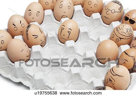 Variety of facial expressions painted on brown eggs arranged in carton View Large Photo Image Stock Photo - Variety of facial expressions painted on brown eggs arranged in carton. Fotosearch