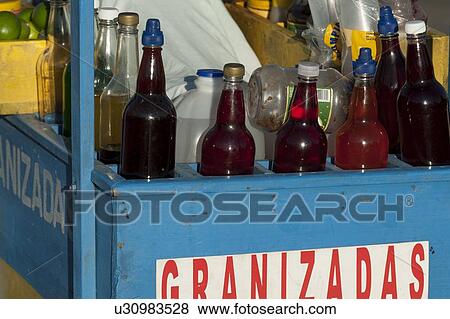 Stock Photo - Drinks at a food stall, Parque Central, Zona 1, Guatemala City, Guatemala. Fotosearch
