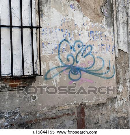 Stock Photography - Graffiti on a ruined wall, Zona 1, Guatemala City, Guatemala. Fotosearch