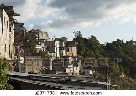 Stock Image - Houses on a hill, Colonia Bethania, Guatemala City, Guatemala. Fotosearch
