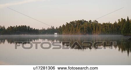 Stock Photograph - Reflection of trees in water, Lake of the Woods, Ontario, Canada. Fotosearch
