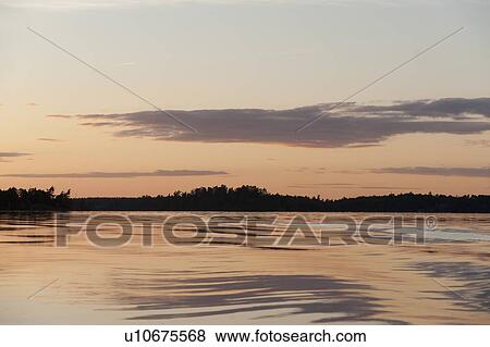 Stock Photo - Silhouette of trees at the lakeside, Lake of the Woods, Ontario, Canada. Fotosearch