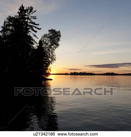 Stock Photograph - Silhouette of trees at the lakeside, Lake of the Woods, Ontario, Canada. Fotosearch