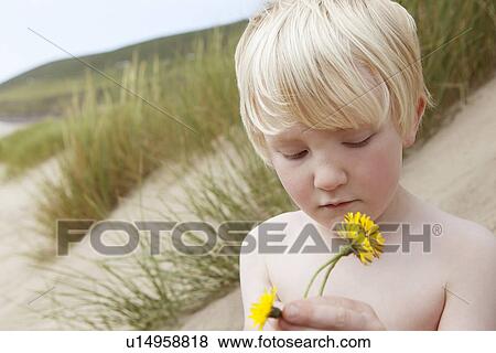 Stock Photo - Boy holding flowers on sand dune. Fotosearch