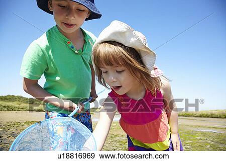 Children fishing with net outdoors View Large Photo Image Stock Photo - Children fishing with net outdoors. Fotosearch