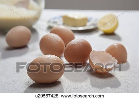 Close up of eggshells and flour View Large Photo Image Stock Photo - Close up of eggshells and flour. Fotosearch