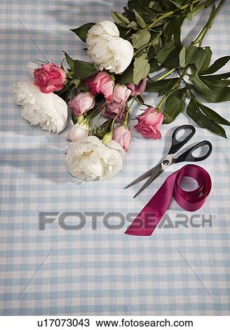 Stock Image - Cut flowers with shears and ribbon. Fotosearch