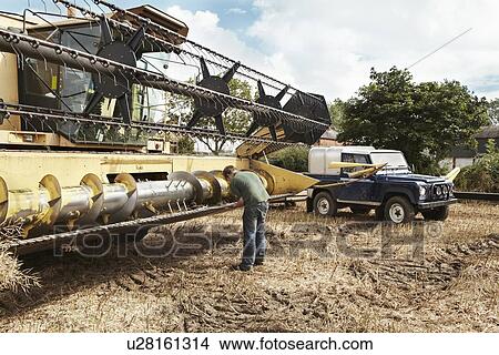 Picture - Farmer examining thresher on farm. Fotosearch