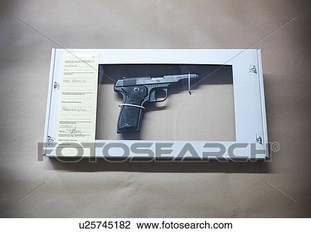 Stock Image - Gun in forensic biohazard box. Fotosearch